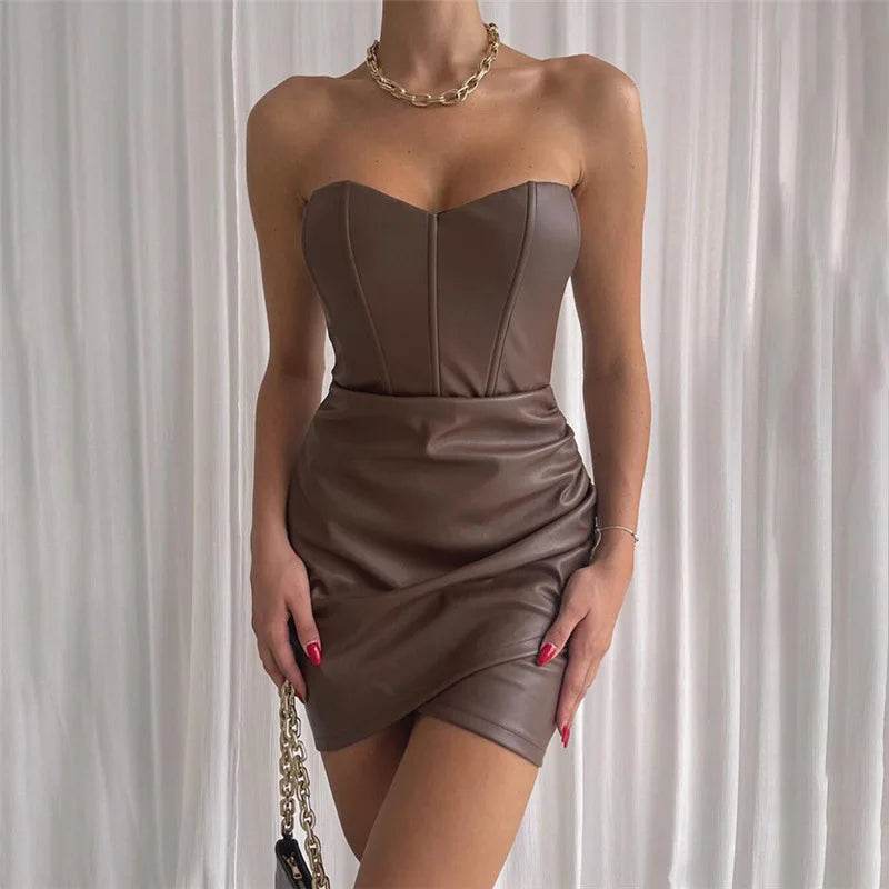 Faux Leather Strapless Dress in Various Colours - Your Shiny Clothes