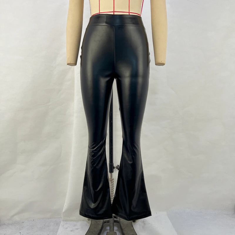 Flared High Waist PU Leather Trousers in shiny black for a trendy look