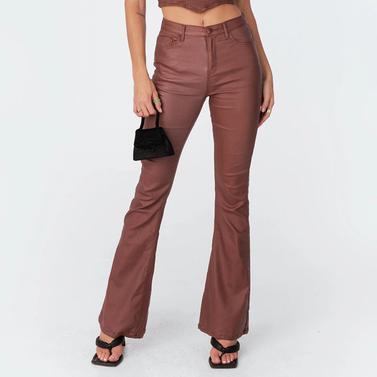 Flared PU Leather Casual Trousers in brown with a high waist and sleek fit for trendy outfits