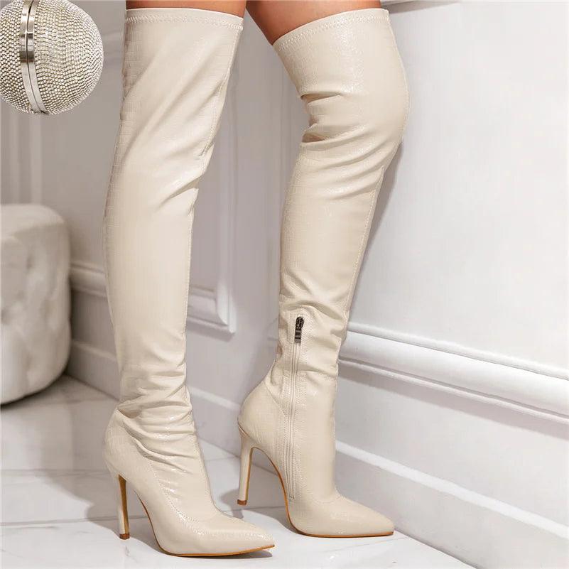 Elegant glossy over the knee boots in beige with stiletto heels for stylish outfits