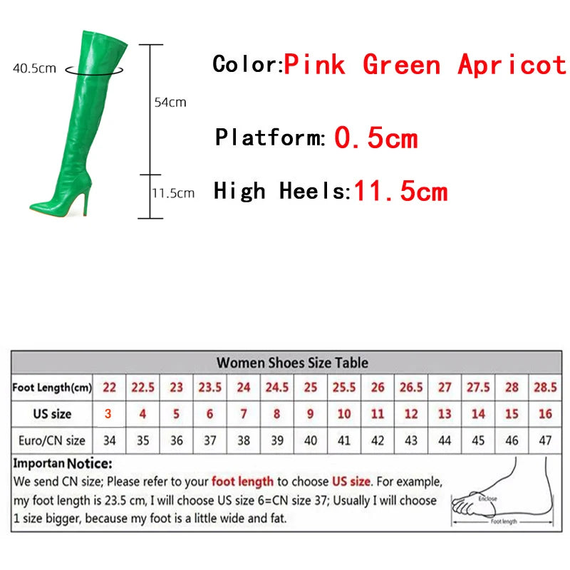 Glossy over the knee boots in vibrant green with 11.5cm high heels and 0.5cm platform