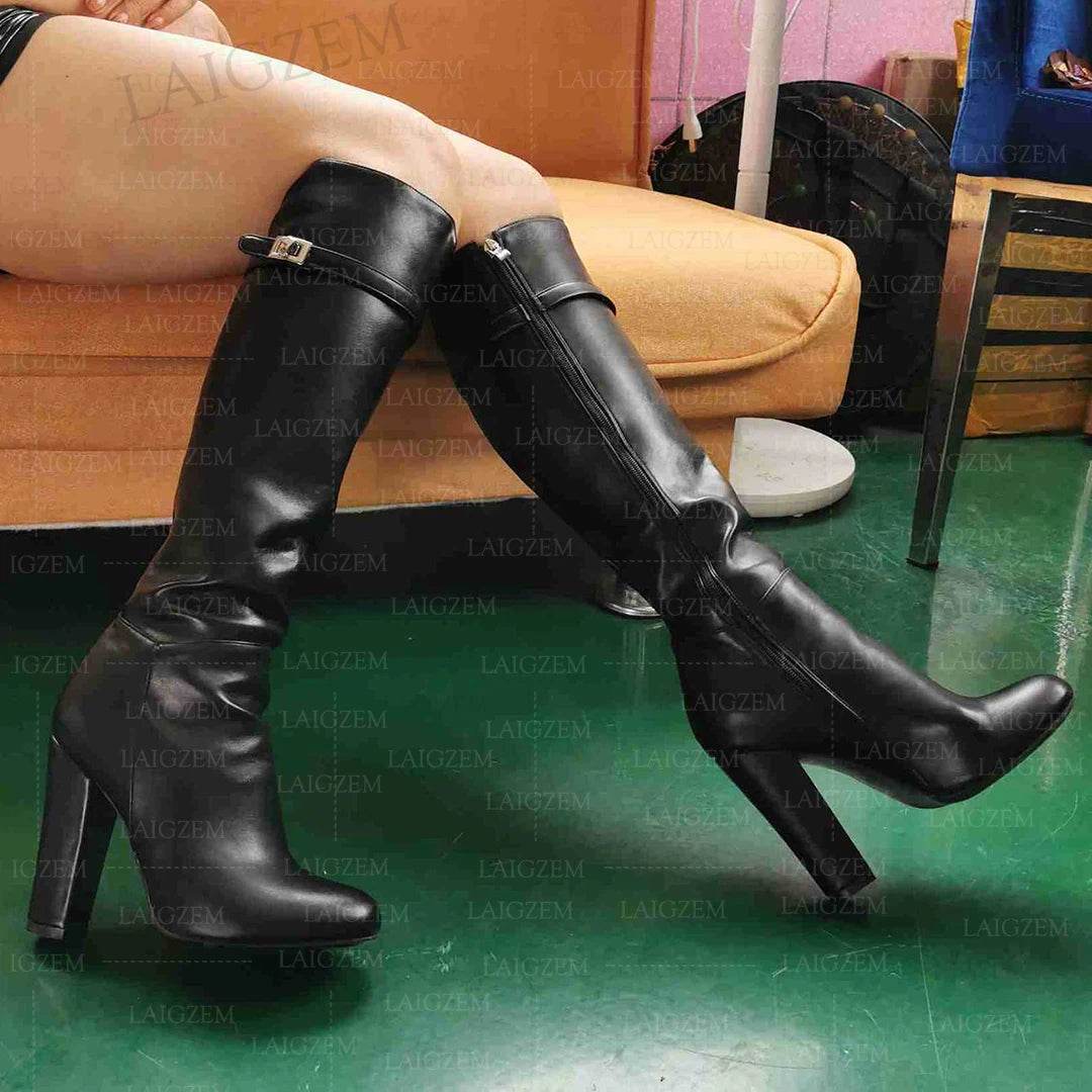 Knee High Chunky Heels Faux Leather Round Toe Boots - Your Shiny Clothes
