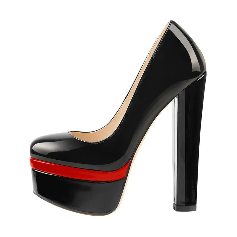 Stylish black pumps with red accent and high heel, perfect for pairing with nude patent leather platform heels
