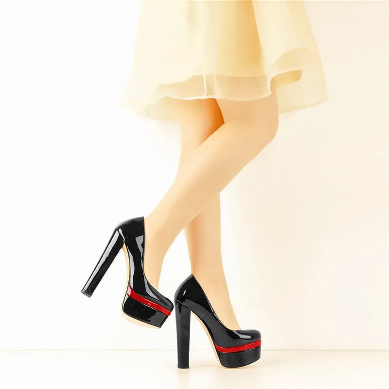 Elegant nude patent leather platform heels with a sleek design and high block heel