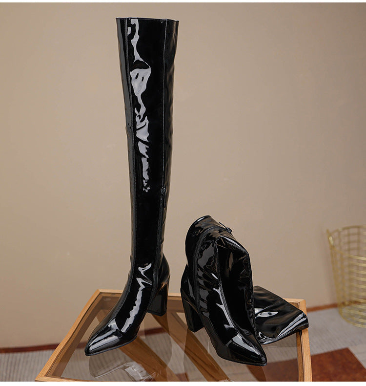 Stylish over the knee leather boots in glossy black finish with high heels for a chic look
