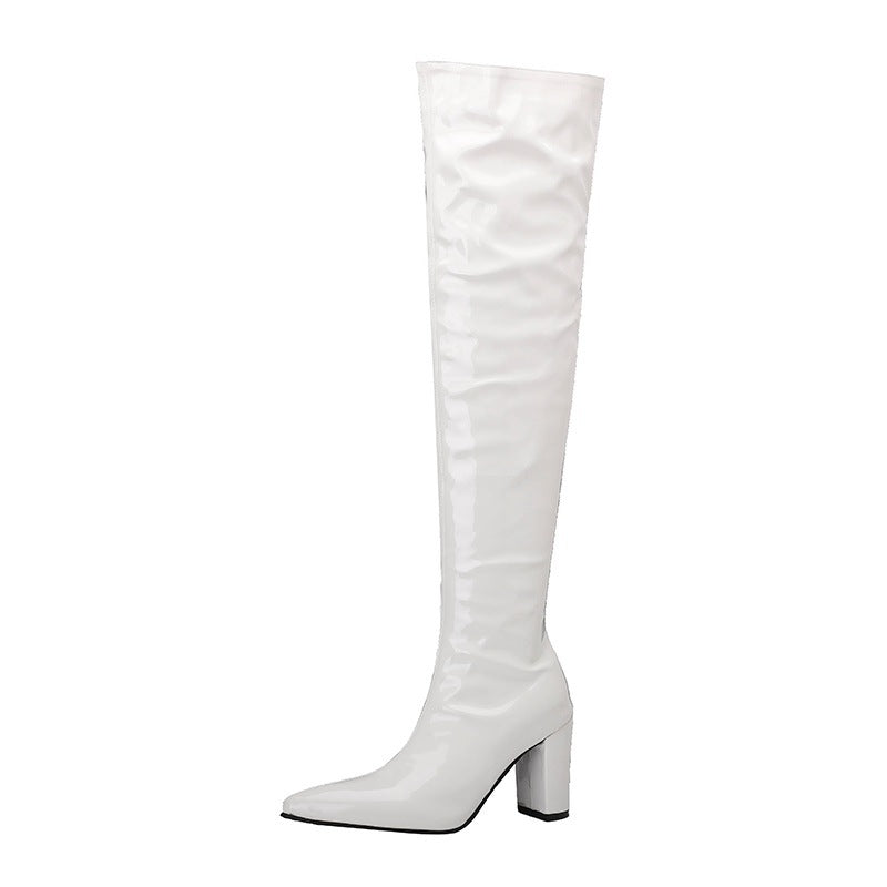 Over the knee leather boots in white with a sleek design and chunky high heel from Your Shiny Clothes