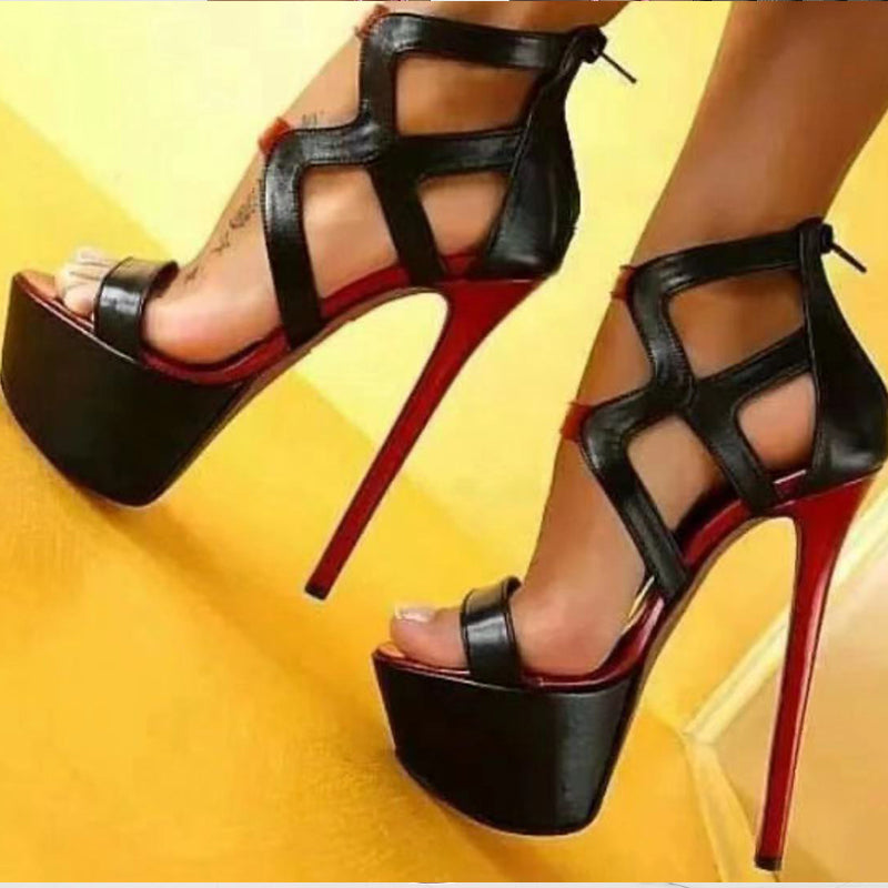 Stylish patent leather 16 cm high heel sandals with a trendy strappy design and bold platform