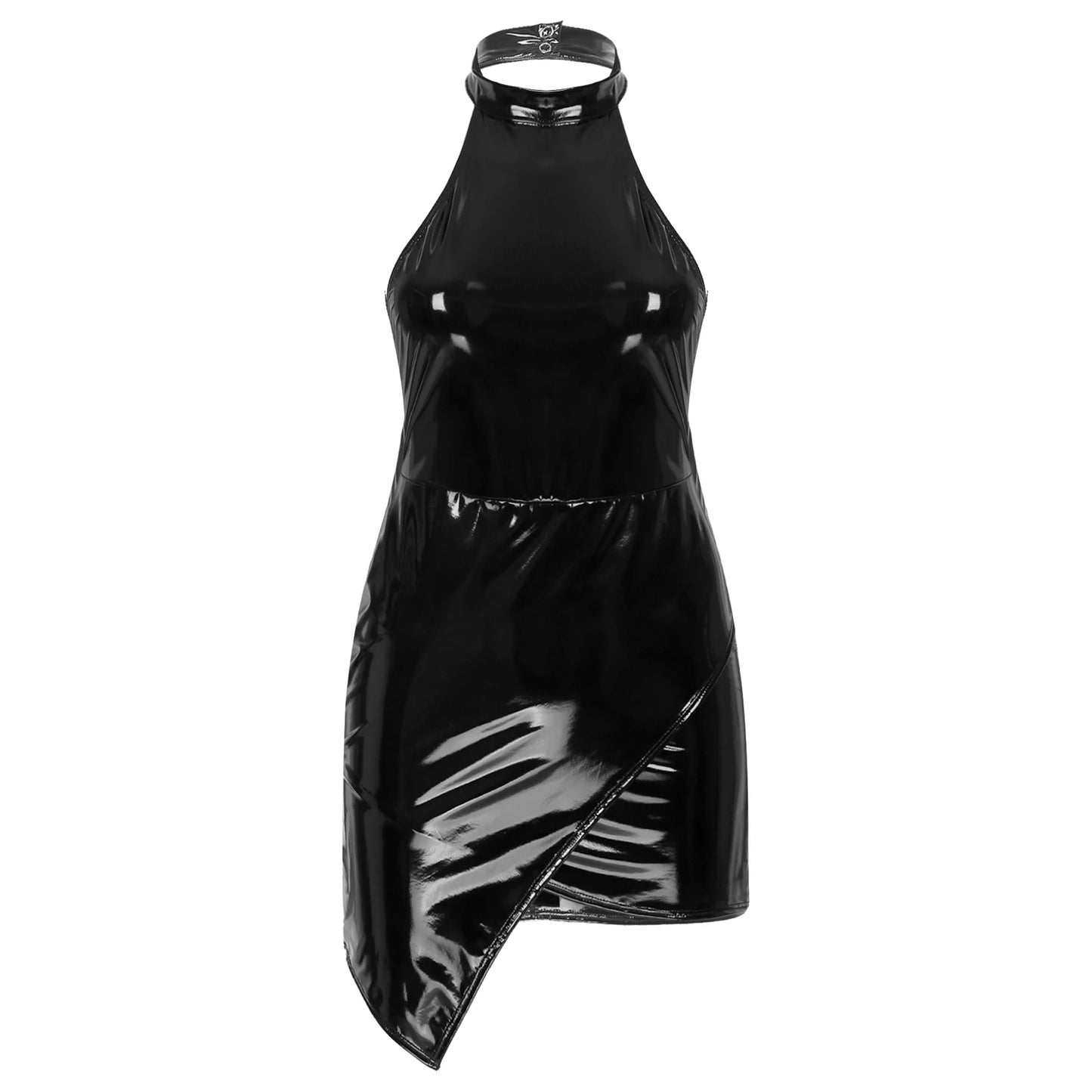 Stylish patent leather backless halter bodycon dress in sleek black for a chic night out