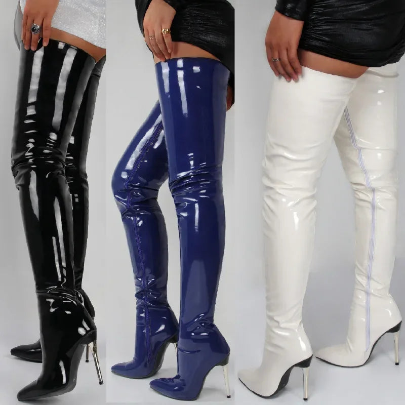 Set of patent leather thigh high boots in black, blue, and white with stylish high heels