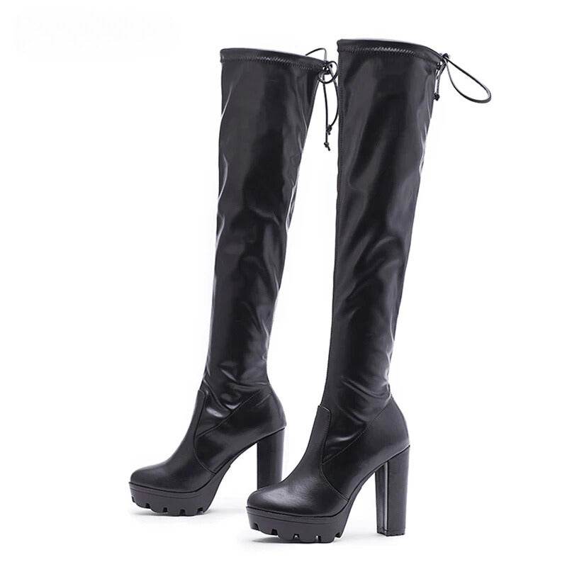 Platform Faux Leather Over The Knee Boots - Your Shiny Clothes