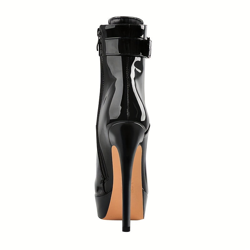 Back view of black patent leather platform stiletto ankle boots with a sleek design from Your Shiny Clothes