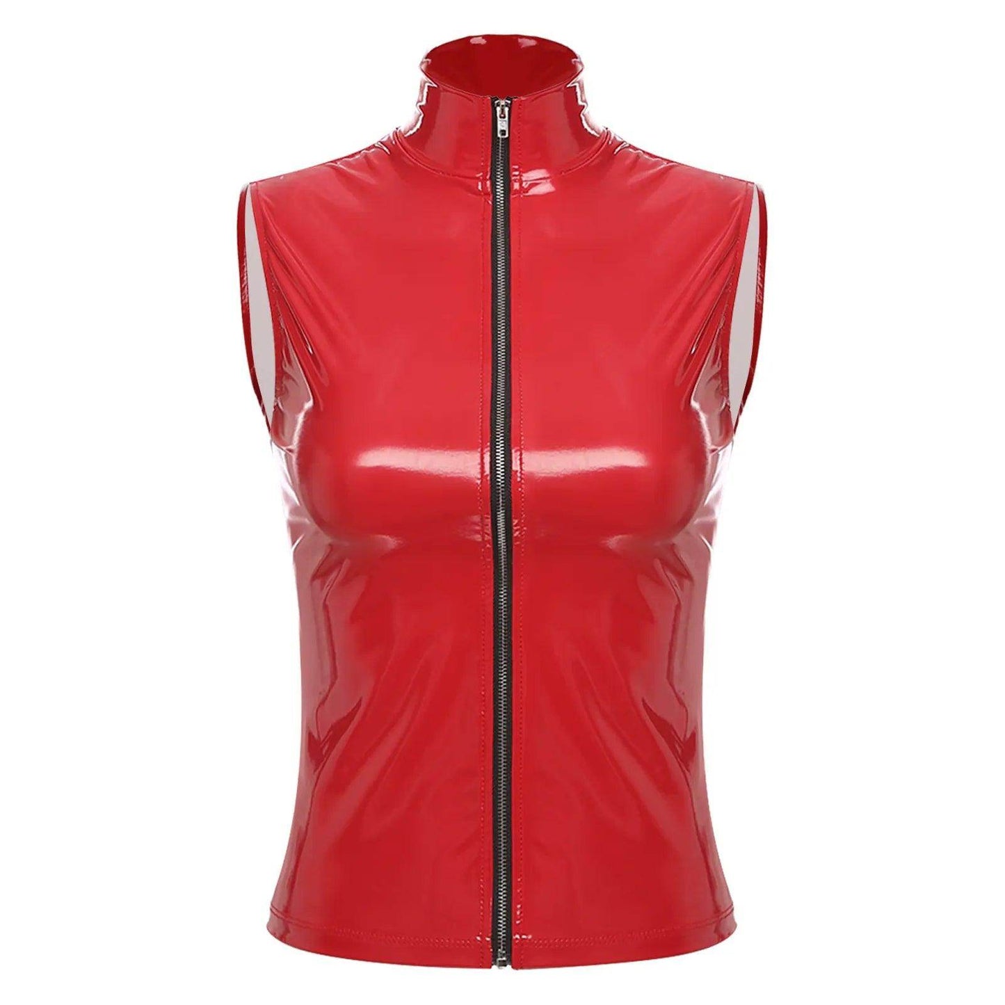 PVC Leather Sleeveless Crop Top with Front Zip - Your Shiny Clothes