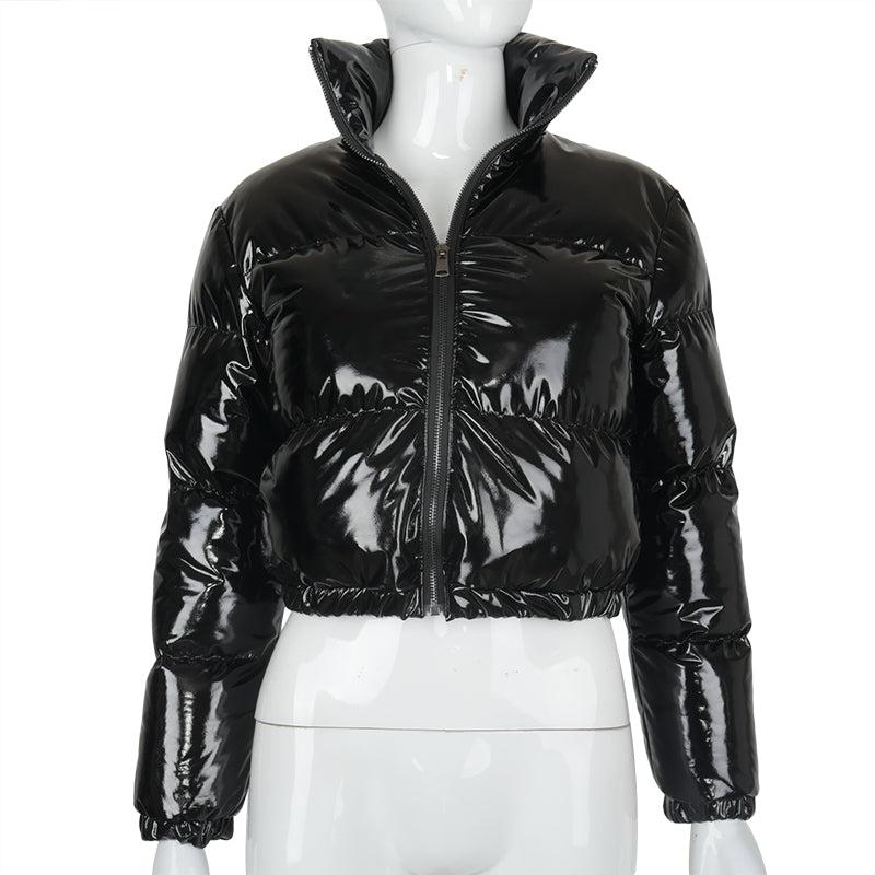 Cropped shiny puffer coat from Your Shiny Clothes with a sleek black finish for stylish winter outfits