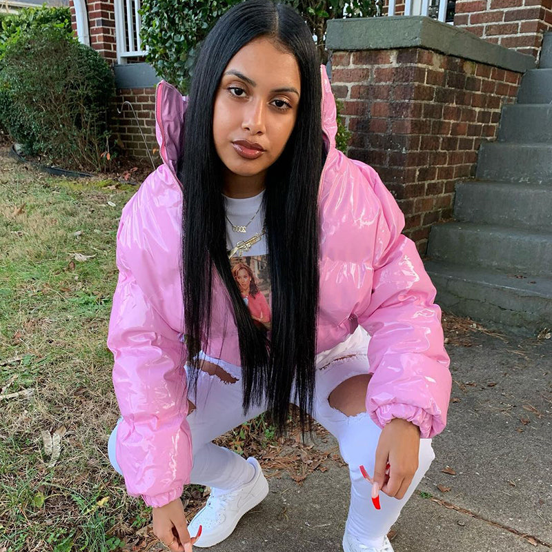 Fashionable cropped shiny puffer coat in pink, perfect for trendy streetwear styles