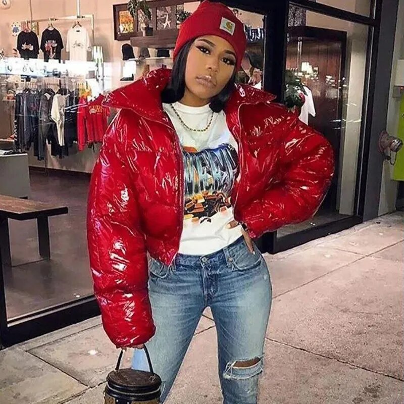Red cropped shiny puffer coat with a stylish design perfect for winter fashion