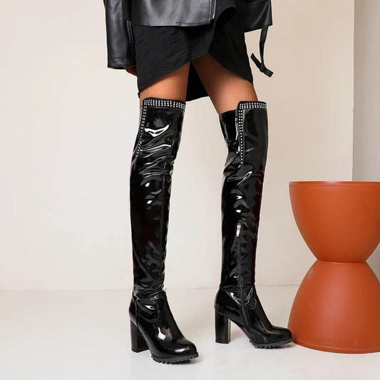 Shiny Patent Leather Square Heel Over The Knee Boots - Your Shiny Clothes