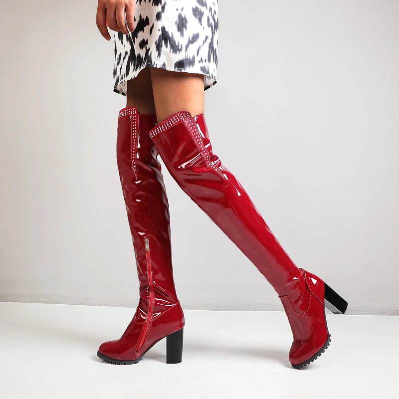 Shiny Patent Leather Square Heel Over The Knee Boots - Your Shiny Clothes