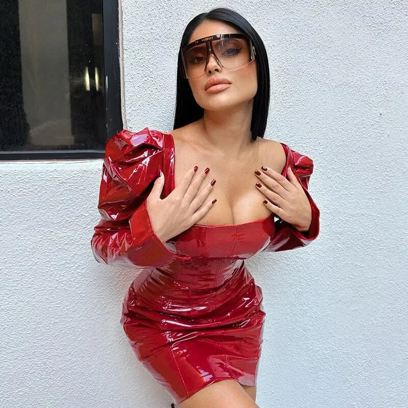 Shiny Patent Leather Puff Sleeve Mini Dress in red, featuring a square neckline and bold puff sleeves