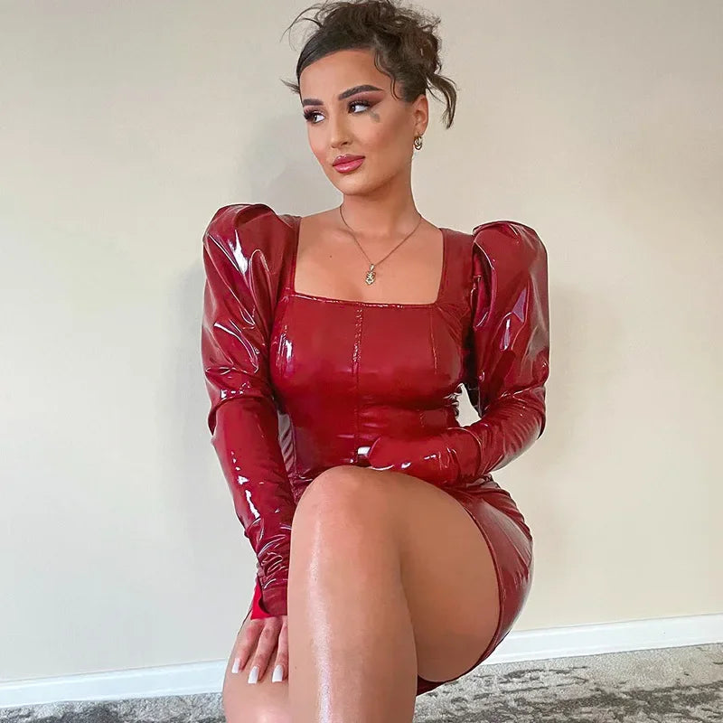 Shiny Patent Leather Puff Sleeve Mini Dress in Red for a Stylish and Trendy Look