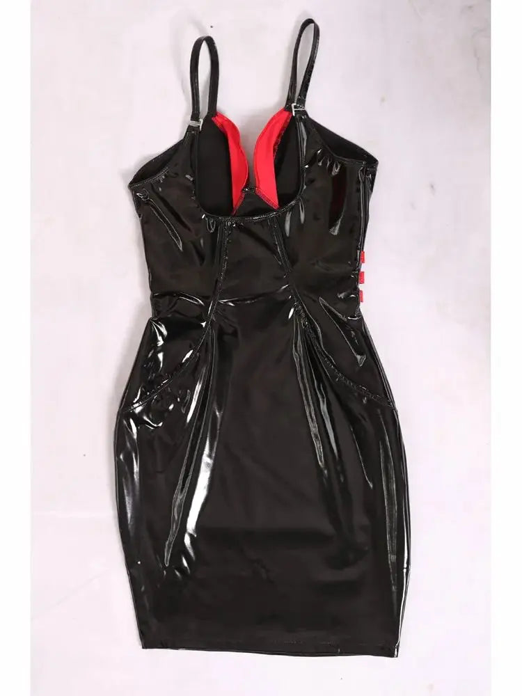 Shiny PU leather spaghetti strap dress in black with red accents for a bold stylish look