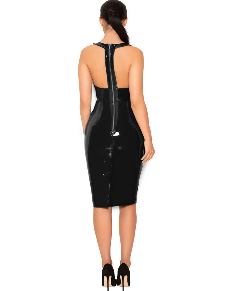 Shiny Vinyl Sleeveless Midi Bodycon Dress With Back Zip showcased from the back, highlighting its sleek design
