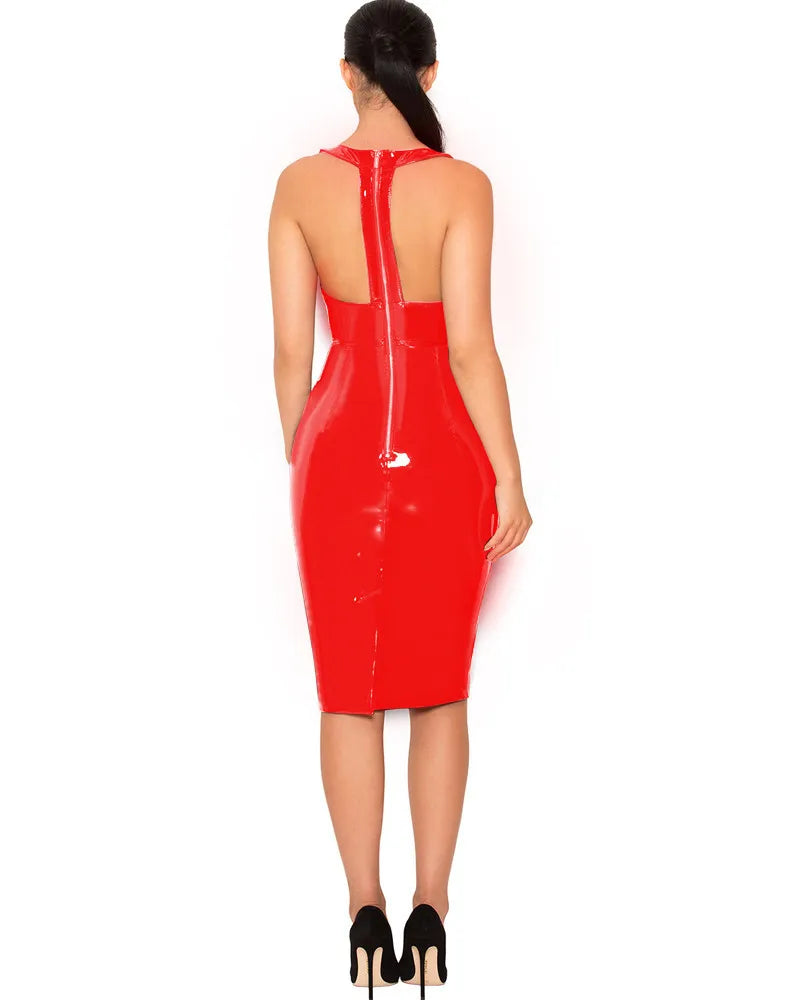 Red Shiny Vinyl Sleeveless Midi Bodycon Dress With Back Zip for a sleek evening look