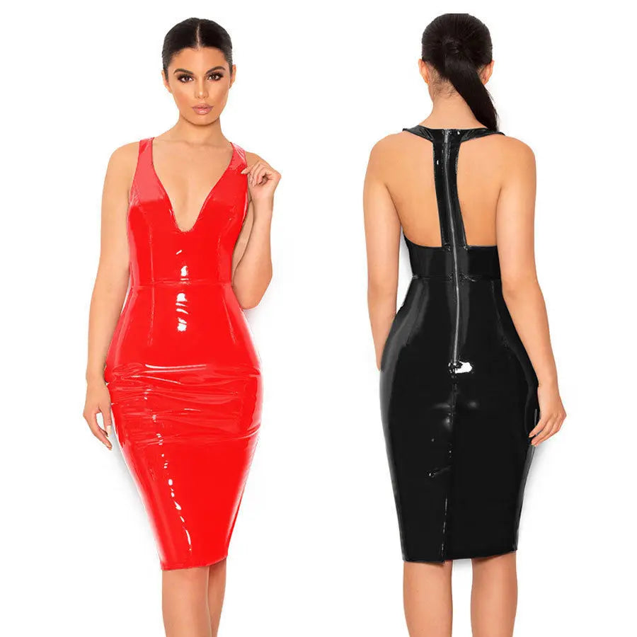 Shiny Vinyl Sleeveless Midi Bodycon Dress With Back Zip in red and black, showcasing a sleek design and form-fitting silhouette
