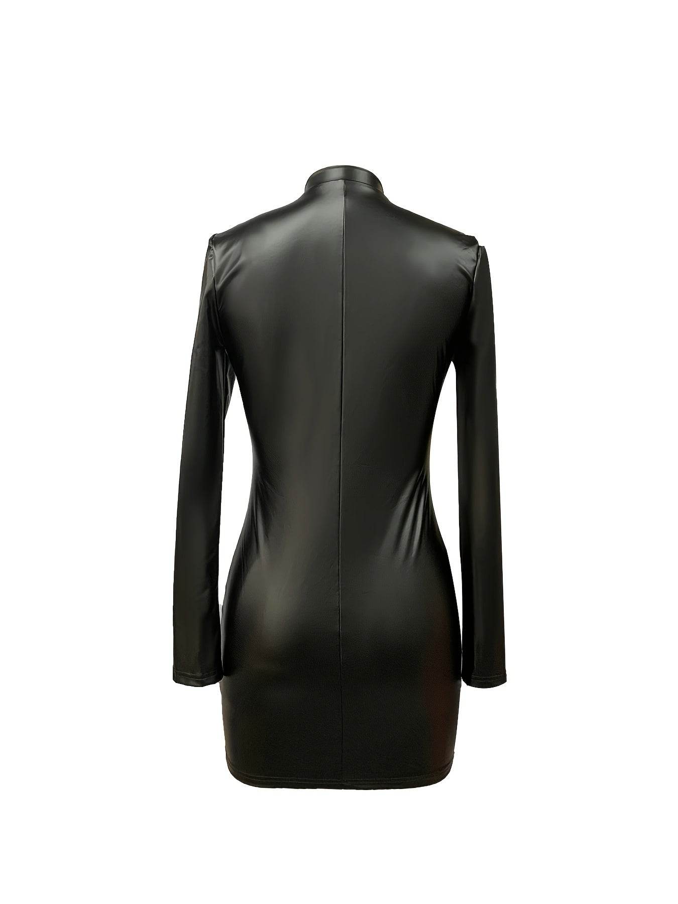 Sleek Black Faux Leather Zip-Up Dress with Bead Details - Your Shiny Clothes
