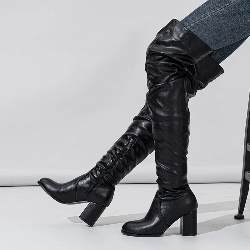 Soft pleated leather knee boots with a stylish heel, perfect for versatile fashion statements