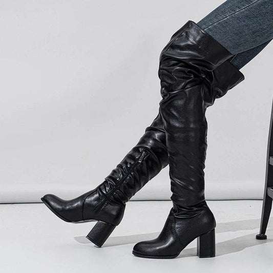 Soft Pleated Leather Over The Knee Boots - Your Shiny Clothes