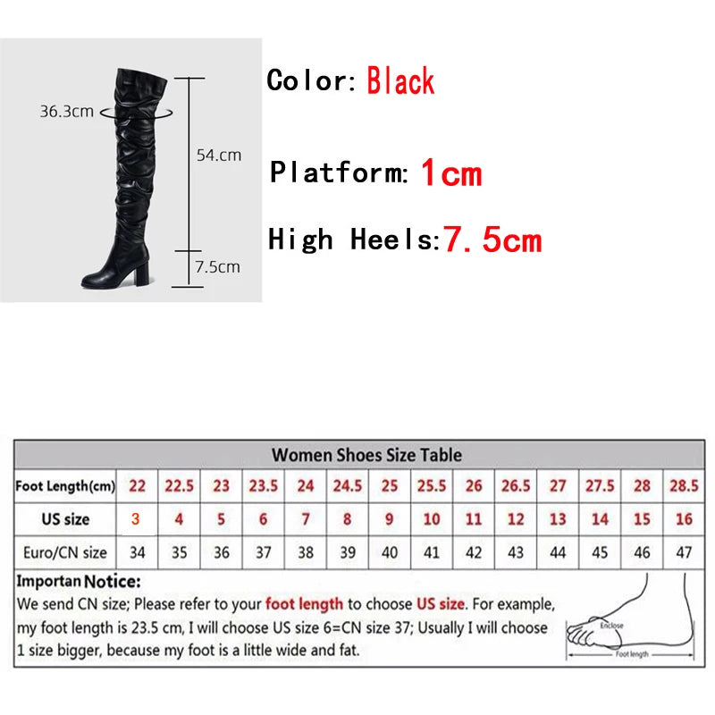 Black soft pleated leather knee boots with a 7.5cm heel and 1cm platform