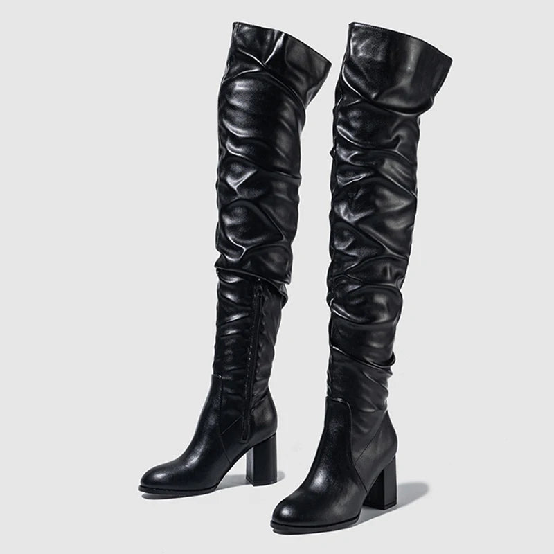 Soft pleated leather knee boots in black with stylish ruching and block heels for a chic look