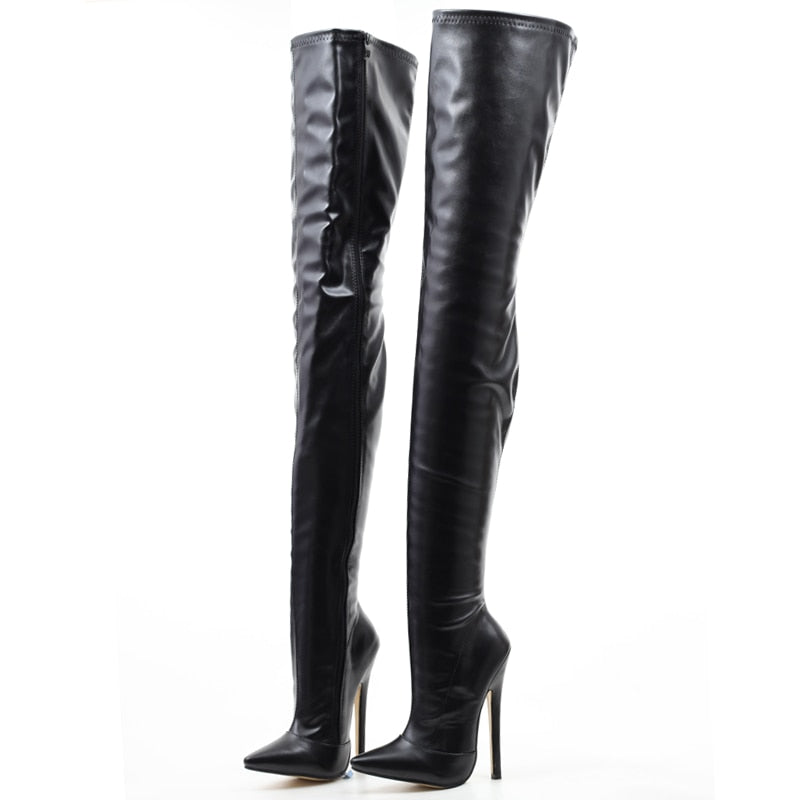 Thigh high faux leather boots with stiletto heels for a stylish and edgy look