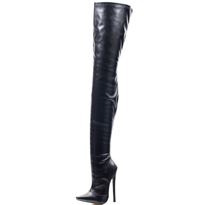 Thigh high faux leather boots with a sleek design and high stiletto heel for a bold fashion statement