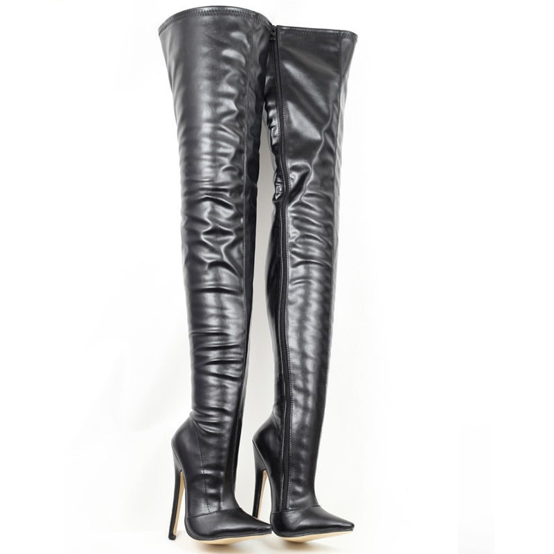 Thigh high faux leather boots with a sleek design and stiletto heels from Your Shiny Clothes