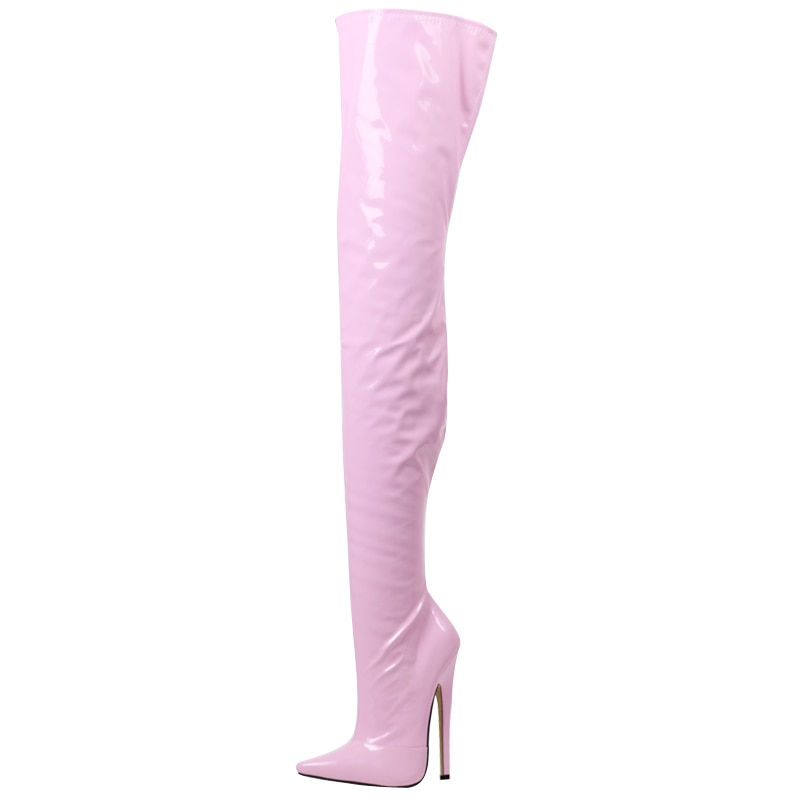 Stylish pink thigh high faux leather boots with a stiletto heel for chic fashion looks