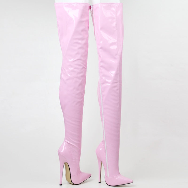 Pink thigh high faux leather boots with a sleek design and high heels for bold fashion statements