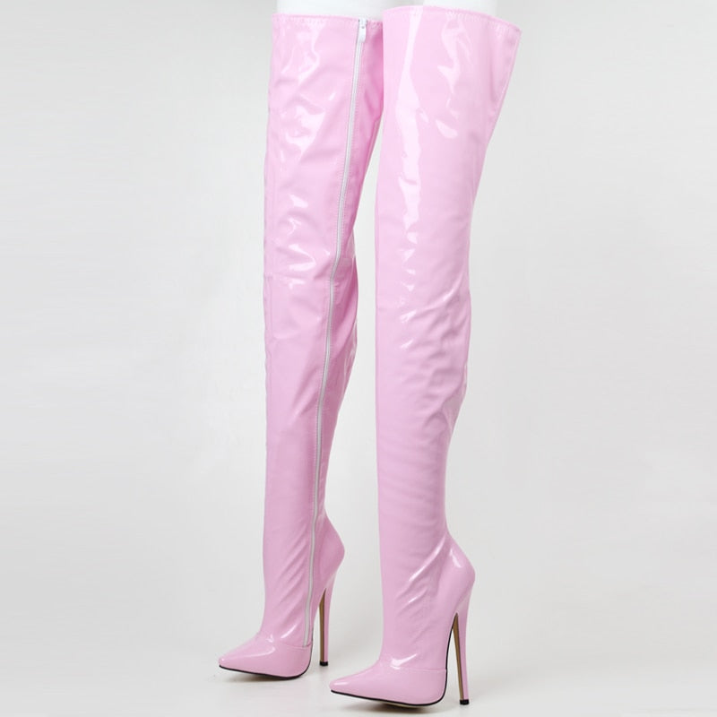Stylish pink thigh high faux leather boots with high heels for a trendy fashion statement