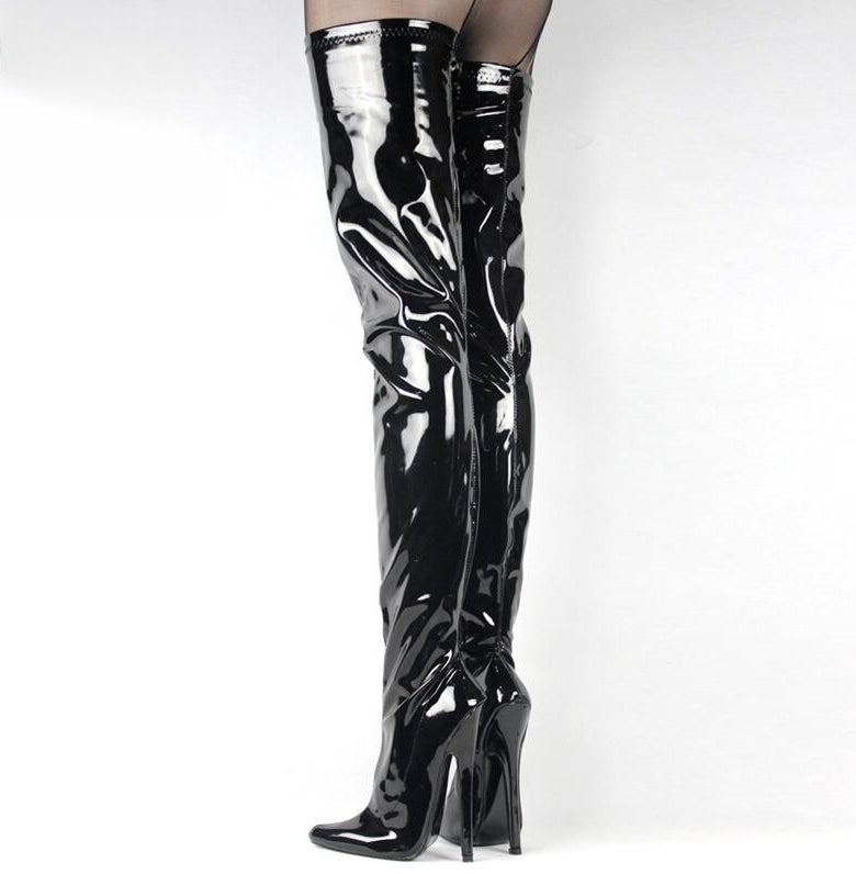 Thigh high faux leather boots in shiny black with sleek stiletto heels from Your Shiny Clothes