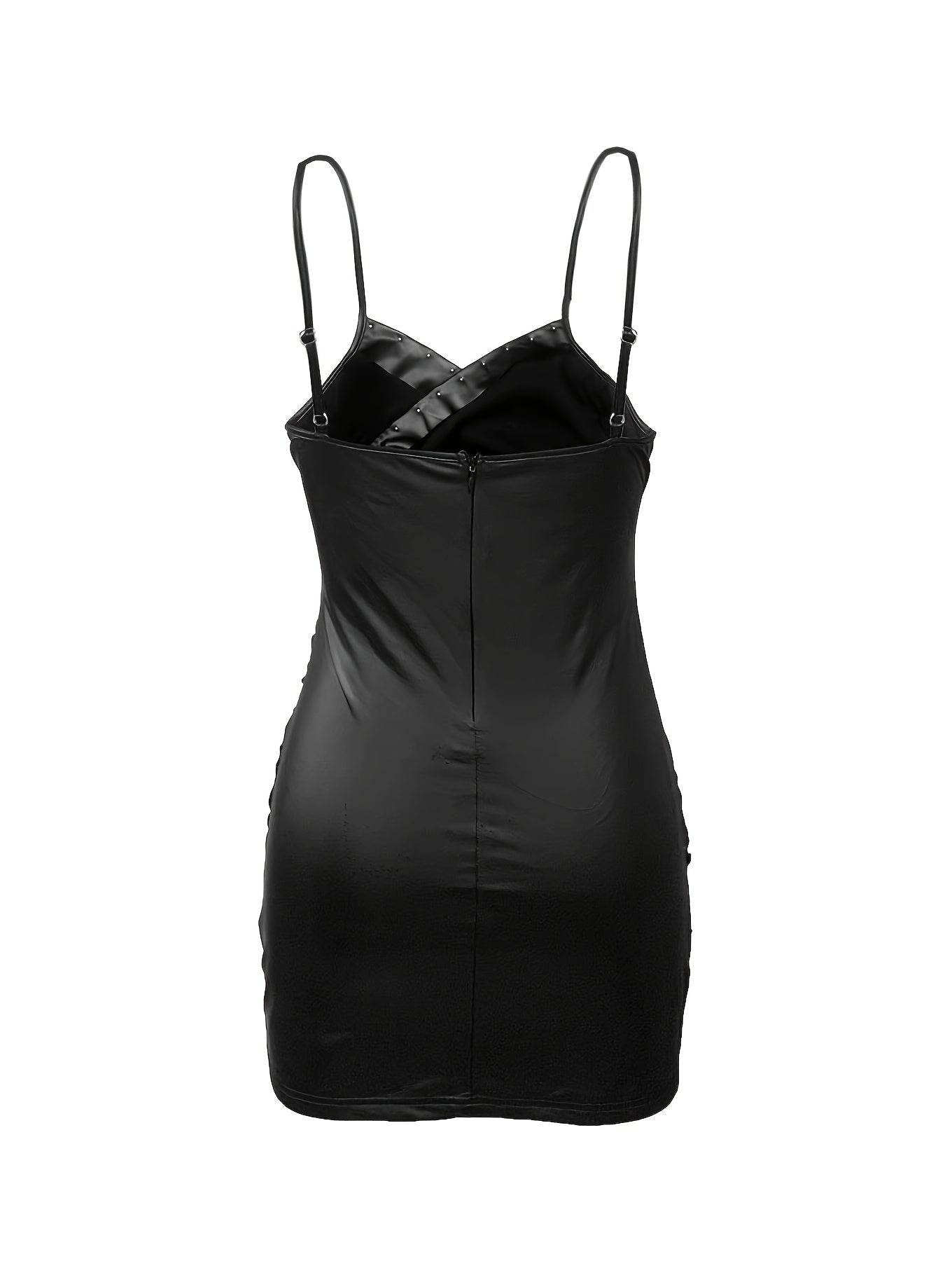 V-Neck Faux Leather Black Pleated Wrap Mini Dress - Your Shiny Clothes