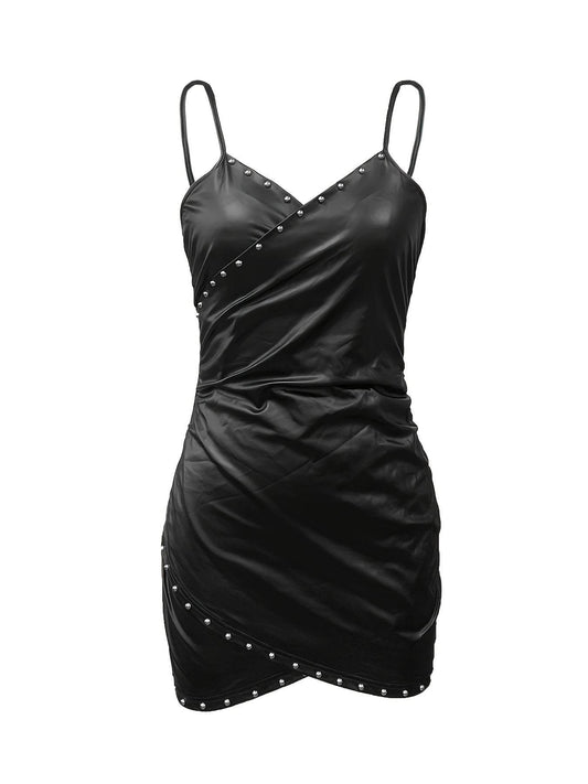 V-Neck Faux Leather Black Pleated Wrap Mini Dress - Your Shiny Clothes