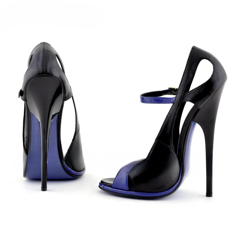 Extremely high peep toe patent leather heels in black and blue for elegant occasions