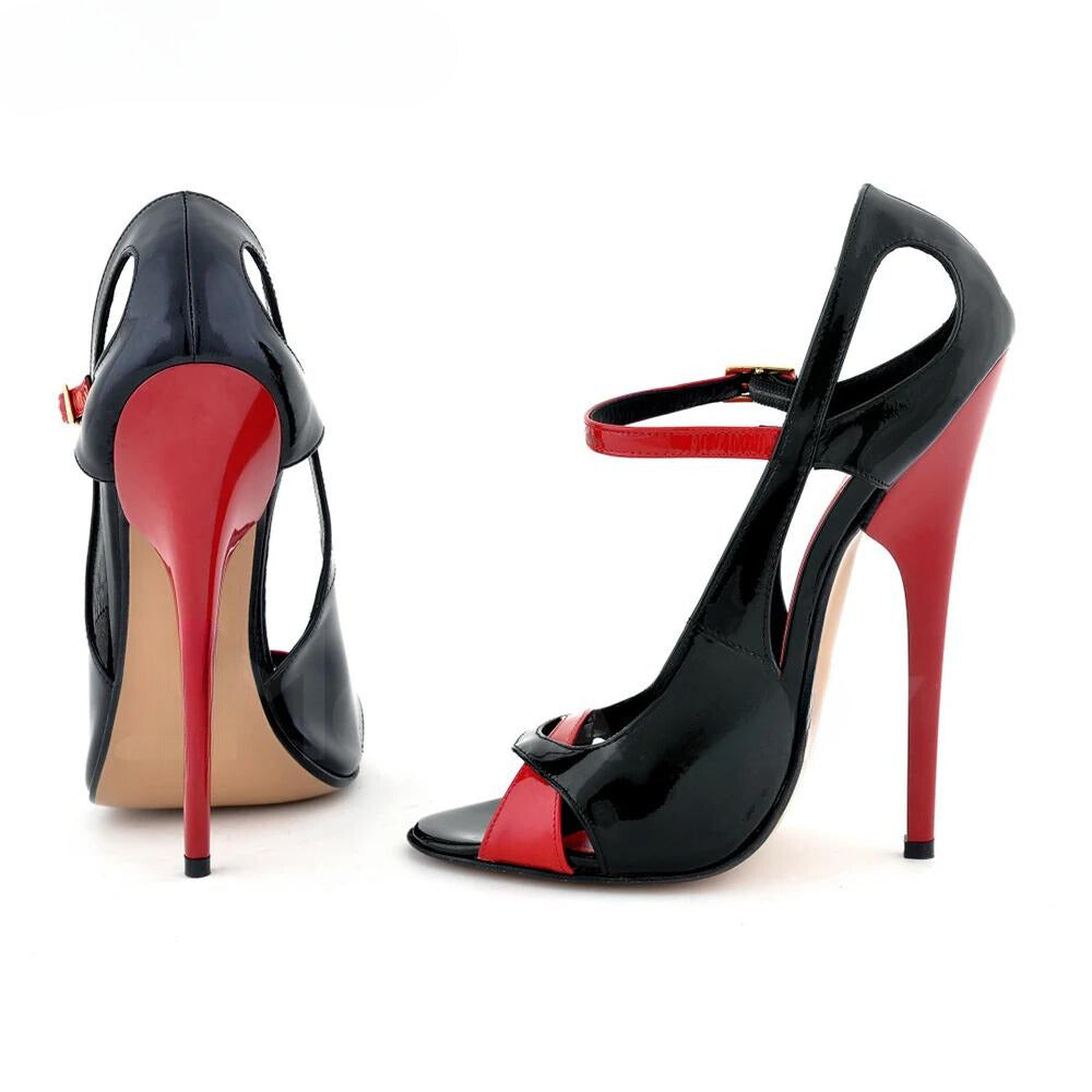 Extremely high peep toe patent leather heels in black and red for a stylish evening look