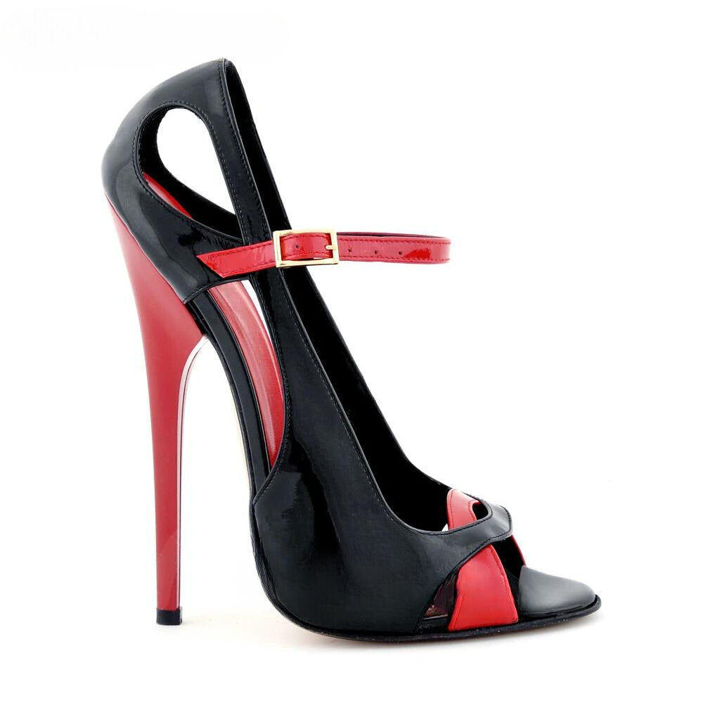 Elegant extremely high peep toe patent leather heels in black and red with ankle strap design