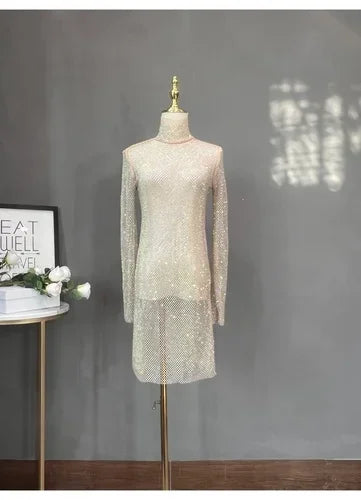 Rhinestone Mid-length High Neck Glitter Dress displayed on a mannequin against a simple background