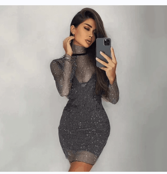 Rhinestone Mid-length High Neck Glitter Dress - Your Shiny Clothes