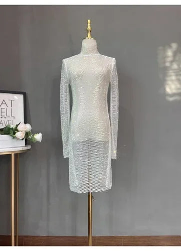 Rhinestone Mid-length High Neck Glitter Dress in silver with long sleeves and a shimmering finish