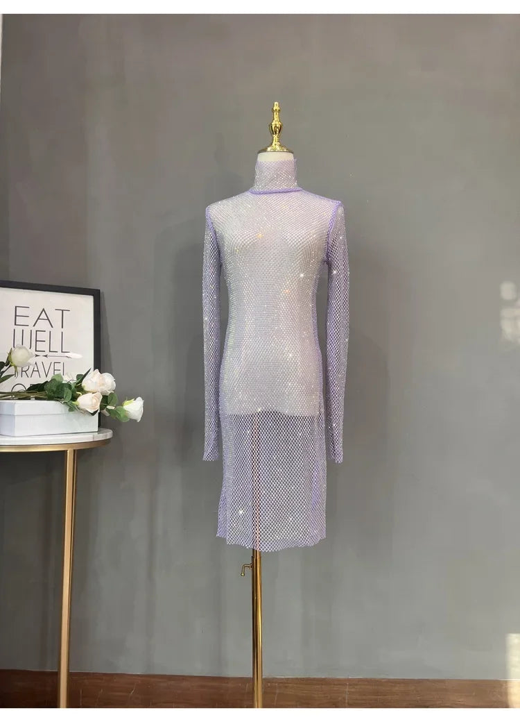 Rhinestone Mid-length High Neck Glitter Dress in Sheer Fabric for Elegant Evening Wear