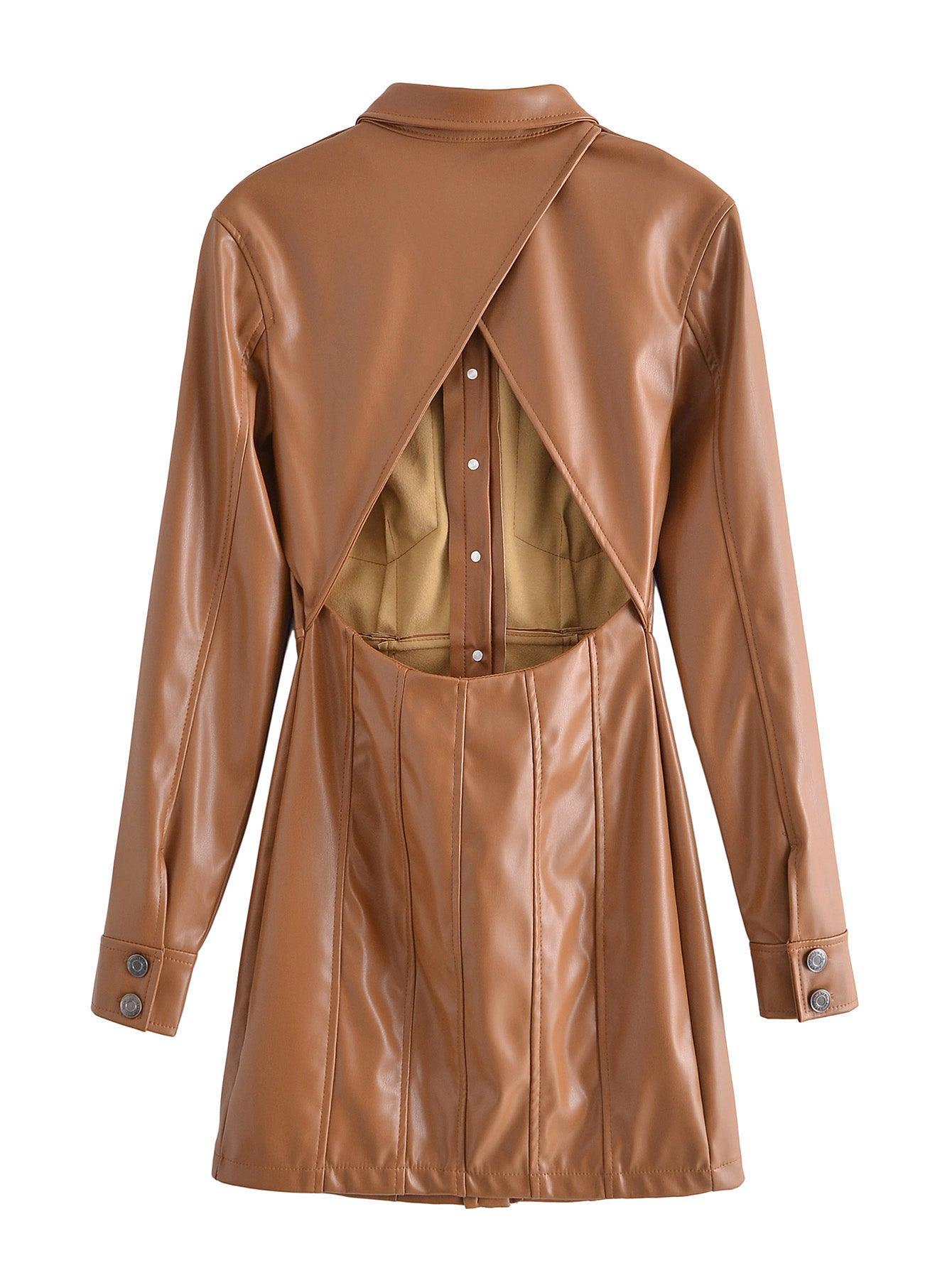 Brown faux leather long sleeve dress featuring a stylish open back design