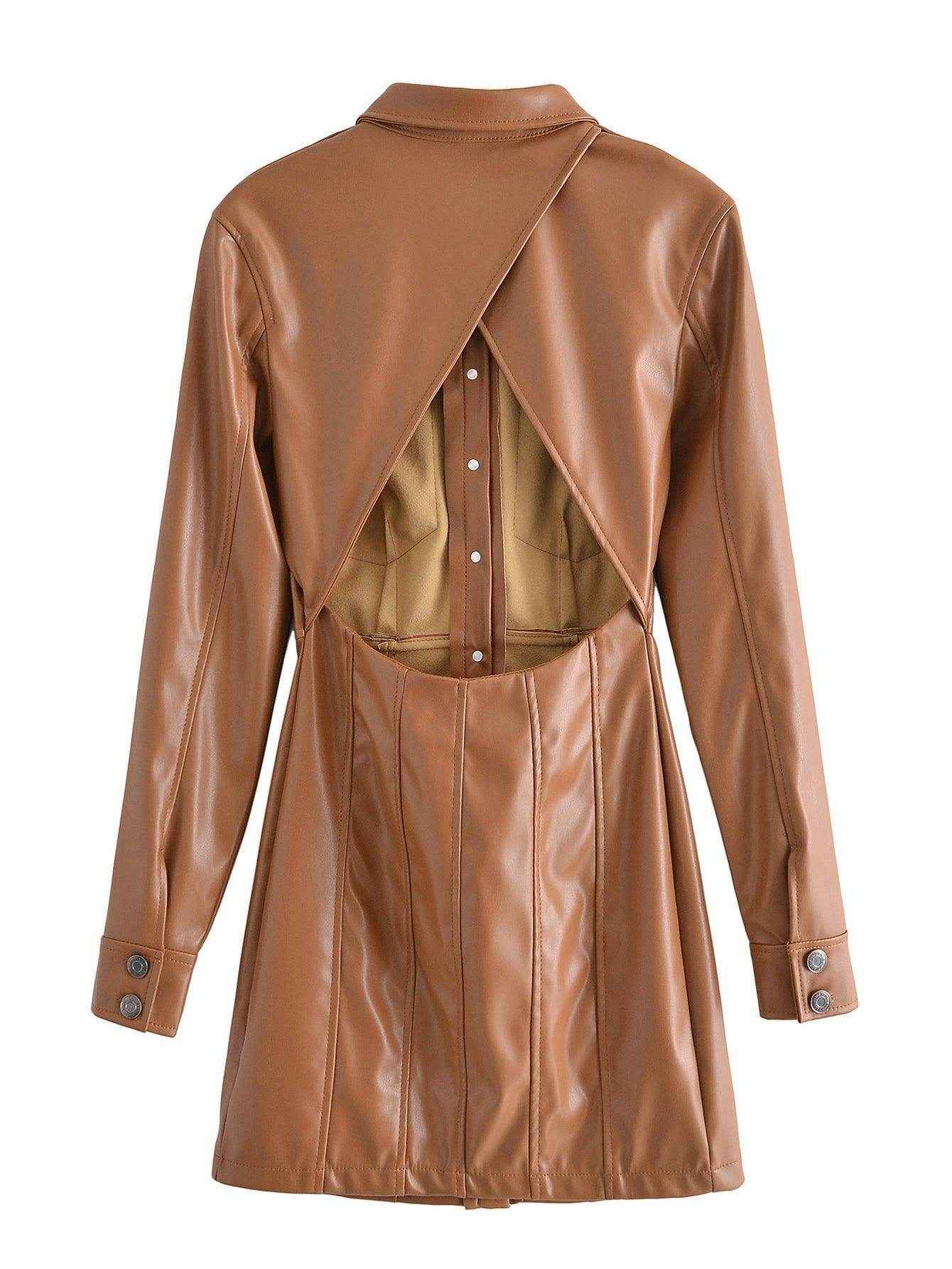 Long Sleeve Brown Faux Leather Dress
